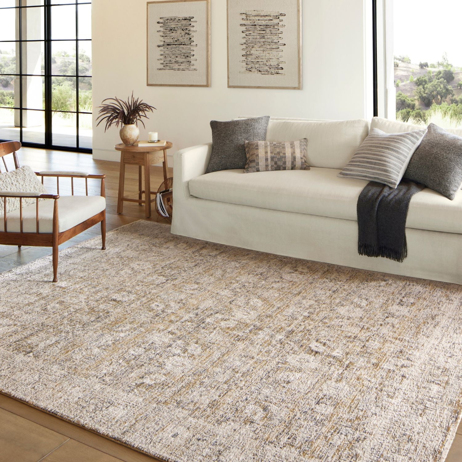 Homvirex Alie Gold Beige rug styled in a modern living room